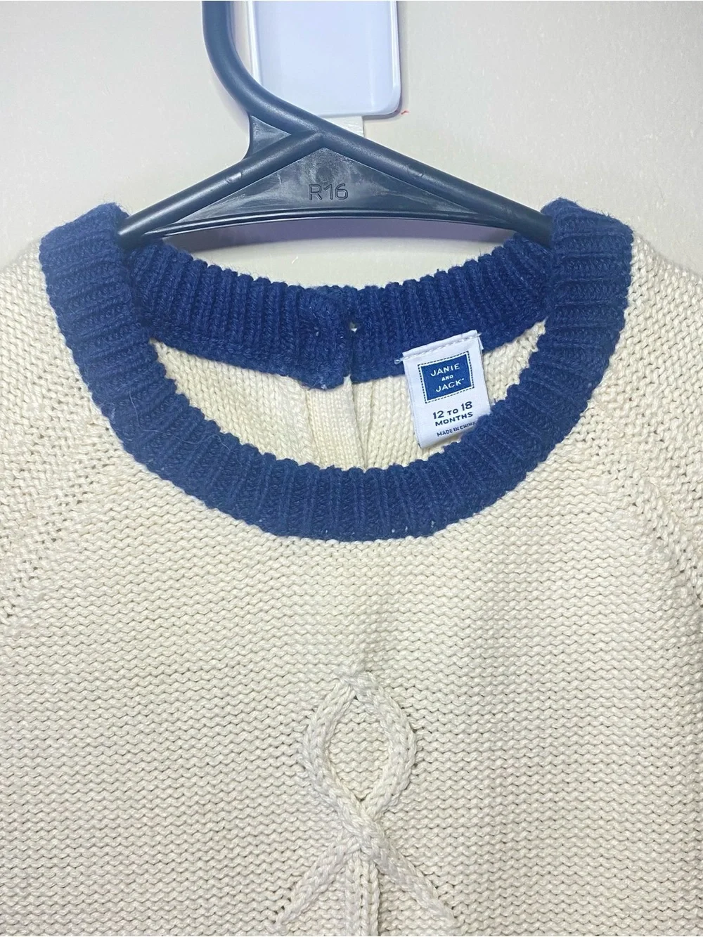 Janie and Jack Cream Knit Anchor Footie with Blue Trim
